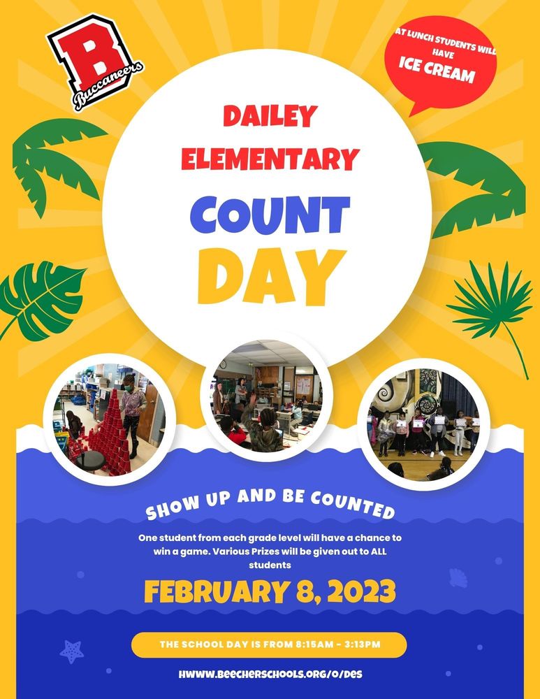 Dailey Elementary Count Day Show up and be counted  One student from each grade level will have a chance to win a game. Various Prizes will be given out to ALL students February 8, 2023  THE SCHOOL DAY IS FROM 8:15AM - 3:13PM 
