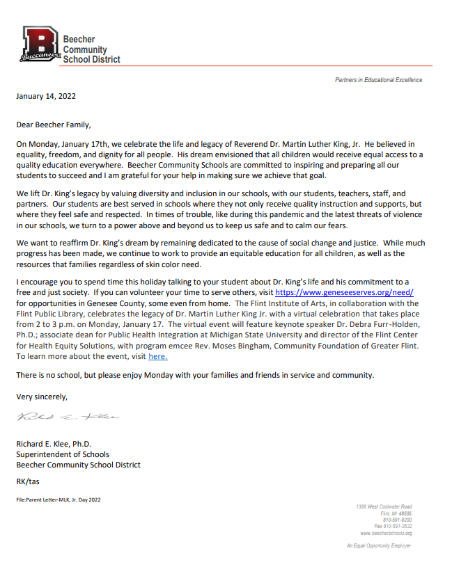 Letter from Superintendent regarding MLK Day 1-14-2021