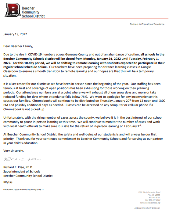 Letter from Superintendent 1-19-2022