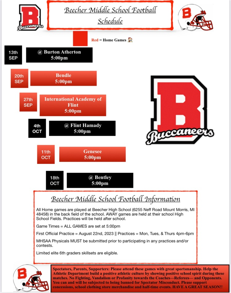 Beecher Middle School Practice/Game schedule information