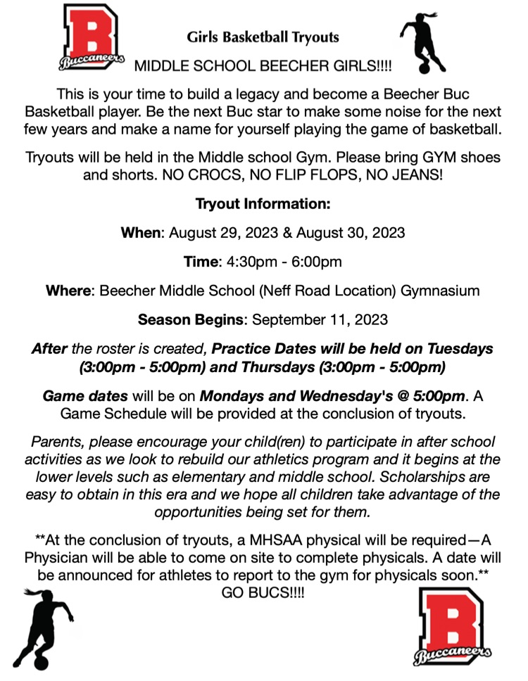 Girls Basketball Tryouts: Beecher Middle School (6th-8th)